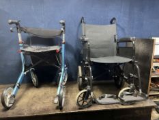A LOMAX FOLDING WHEELCHAIR with two footrests, and an aluminium rollator with a bag (2)