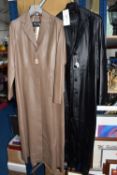 TWO FULL LENGTH MILAN LEATHER TRENCH COATS, ladies' size 10, one black the other beige, classic