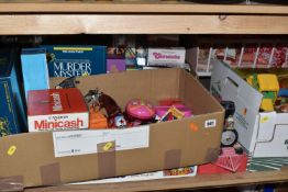 THREE BOXES AND LOOSE TOYS to include a selection of board games to include Trivial Pursuit,