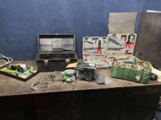 A COLLECTION OF TOOLS including a Bosch electric planer, a Hitachi sander (both PAT pass and