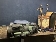 A COLLECTION OF SPORTING EQUIPMENT, including three golf bags containing Hippo golf clubs, tennis