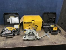 THREE DeWALT POWER TOOLS comprising a D23550 circular saw, a DW331K jigsaw (both PAT pass and