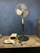 A CHALLENGE PEDESTAL FAN, along with a Karcher WV75 window vac with box, spare head and charger (