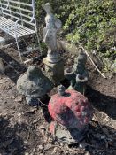A COLLECTION OF CONCRETE GARDEN ORNAMENTS, including a figure of a gentleman on a stand 93cm high, a