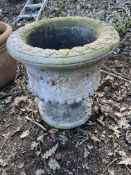 A LARGE CONCRETE TWO-PIECE GARDEN URN with rope and swag detail to the balustered bowl and fluted