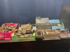 A SCUMBLED PINE TOOL CHEST, THREE METAL TOOLBOXES AND TWO TRAYS CONTAINING TOOLS, including a