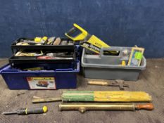 TWO TOOLBOXES CONTAINING TOOLS, including a vintage Donald Edwards brass garden sprayer, a