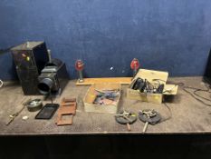 A COLLECTION OF VISUAL EQUIPMENT: including a tin plate magic lantern, a Premier film winder, a pair
