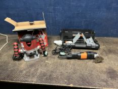 A WORX WX680 CORDED MULTITOOL in a plastic case with accessories and an Xtreme router in a box (both