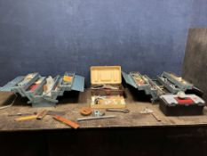 TWO METAL AND TWO PLASTIC TOOLBOXES CONTAINING TOOLS, including Gordon and Bedford spanners, a