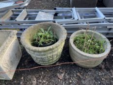 FIVE CONCRETE PLANTERS, including a two-piece urn with an acanthus leaf bowl, 47cm across, a pair of