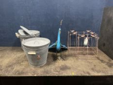 A COLLECTION OF METALWARE, including four east2eden galvanised metal ash bins with lids, three