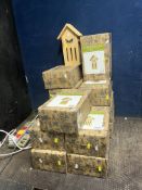 FOURTEEN GARDENESQUE WOODEN BUTTERFLY HOTELS, 13 in boxes and one loose (see pics for sizes)