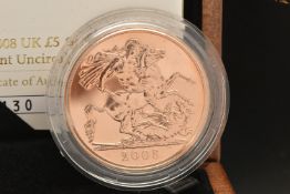 THE ROYAL MINT - THE 2008 UNITED KINGDOM FIVE POUND GOLD BRILLIANT UNCIRCULATED SOVEREIGN, struck in