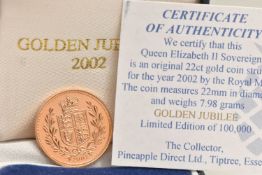 PINEAPPLE DIRECT LTD - 2002 GOLD SOVEREIGN COIN QUEEN ELIZABETH II GOLDEN JUBILEE, struck in 22ct