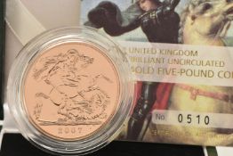 THE ROYAL MINT - 2007 UNITED KINGDOM BRILLIANT UNCIRCULATED GOLD FIVE-POUND COIN, struck in 22ct