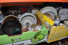 FOUR BOXES OF CERAMICS AND GLASSWARES, to include pieces of studio pottery, a blue and white