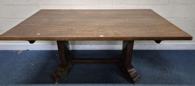 A 20TH CENTURY OAK RECTANGULAR TABLE, raised on curved legs, united by a stretcher, width 179cm x