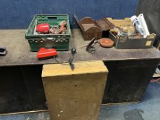 TWO TRAYS, A TOOLBOX AND A WOODEN BOX CONTAINING TOOLS, including a Chesterman leather tape measure,