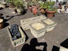 FOUR RECTANGULAR AND SQUARE CONCRETE PLANTERS, including a pair by Sherston Earl, 37cm across, and