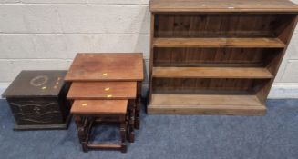 A PINE OPEN BOOKCASE, width 97cm x depth 22cm x height 89cm, a nest of three tables, and a metal