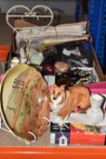 A BOX AND LOOSE CERAMICS, COSTUME JEWELLERY AND MISCELLANEOUS ITEMS, to include a Beswick Collie '