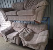 A BEIGE THREE PIECE LOUNGE SUITE, comprising a two seater sofa, 206cm x depth 98cm x height 91cm,