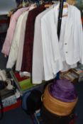 FIVE BOXES AND LOOSE LADIES' CLOTHING AND ACCESSORIES, to include jackets, knitwear, skirts, hats,