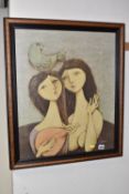 ATTRIBUTED TO J. ROYBAL, FEMALES AND BIRD, a stylised portrait of two female figures, one is playing