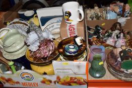 FOUR BOXES AND LOOSE OF HOUSEHOLD DECORATIVE CERAMICS AND GLASSWARE to include a small box of