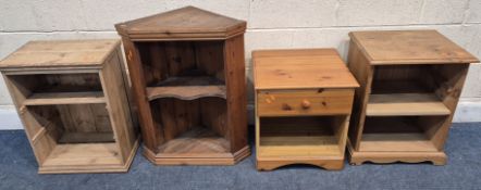 FOUR PIECES OF PINE OCCASIONAL FURNITURE, to include a bedside cabinet with one drawer, two open