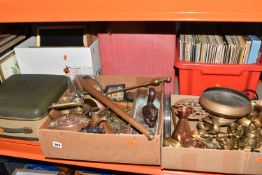 FOUR BOXES AND LOOSE METALWARE, RECORDS, PICTURES AND SUNDRY ITEMS, to include a rectangular