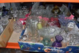 FOUR BOXES AND LOOSE OF HOUSEHOLD GLASSWARE to include a box containing crystal hock glasses,