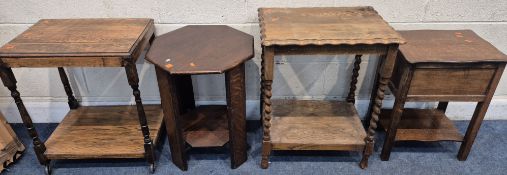 FOUR PIECES OF EARLY 20TH CENTURY OAK FURNITURE, to include a two tier table, raised on barley twist