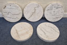FIVE CIRCULAR MARBLE BASES, possibly for lamps, condition report: marks, scuffs, chips, losses,