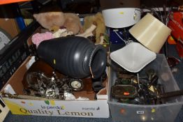 THREE BOXES AND LOOSE OF DECORATIVE HOUSEHOLD ITEMS including a box of stainless steel cutlery and a