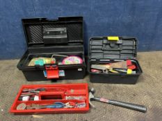 TWO PLASTIC TOOLBOXES CONTAINING TOOLS including needle nosed pliers, hammers, chisels, pipe grips