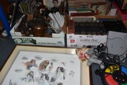 FOUR BOXES AND LOOSE PICTURES, BOOKS AND MISCELLANEOUS ITEMS, to include a large framed print 'Gun