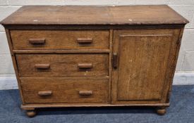 A 19TH CENTURY SCUMBLED PINE DRESSER BASE, fitted with three drawers and a single cupboard door,