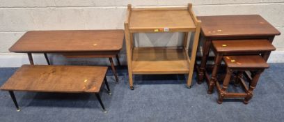 AN OAK TWO TIER TROLLEY, width 55cm x depth 39cm x height 65cm, a nest of three tables, a mid-