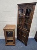 AN OAK CORNER CUPBOARD, along with a media cabinet and a tv stand, condition report: general signs