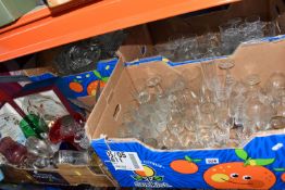 FOUR BOXES OF MAINLY HOUSEHOLD GLASSWARE to include two boxes containing various glass drinking