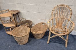 A SELECTION OF WICKER ITEMS, to include a chair, width 55cm x depth 60cm x height 88cm, three