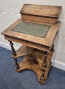 A 19TH CENTURY WALNUT THREE TIER DAVENPORT DESK, with two hinged lids, a green leather writing