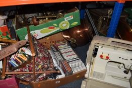 FIVE BOXES AND LOOSE OF DECORATIVE HOUSEHOLD ITEMS including two boxes of brass and copperware