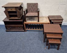 A SELECTION OF OCCASIONAL FURNITURE, to include a tile top coffee table, a TV stand, a magazine
