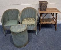 A VICTORIAN BAMBOO TWO TIER TABLE, width 63cm x depth 42cm x height 71cm, three pieces of Lloyd loom