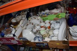 FOUR BOXES AND LOOSE OF MAINLY CERAMIC TABLE AND KITCHENWARE to include a set of three graduated