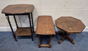 THREE PIECES OF 20TH CENTURY OAK OCCASIONAL FURNITURE, to include a two tier table, raised on barley