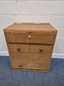 AN EARLY 20TH CENTURY OAK CHEST OF FOUR DRAWERS, the top drawer with a fall front, width 77cm x